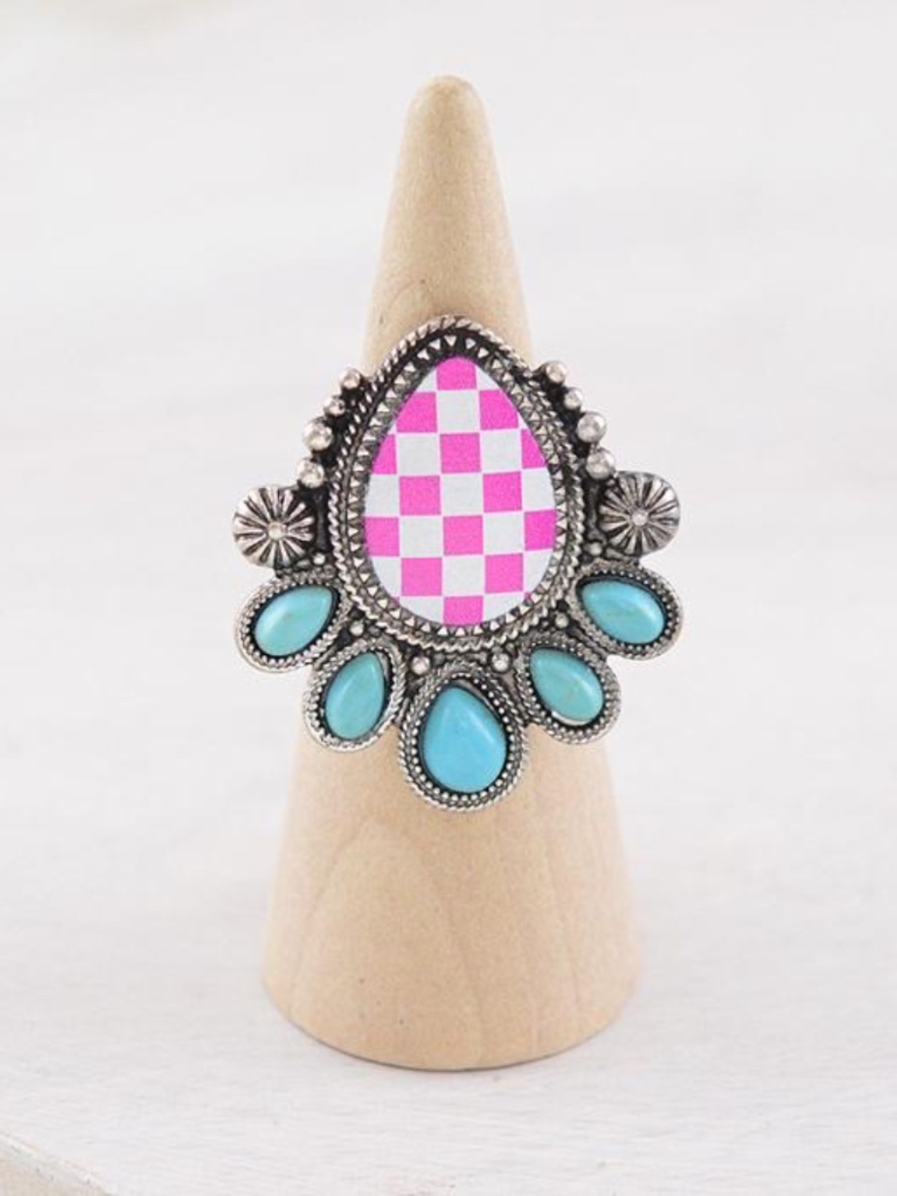 Turquoise Accent Pink Checker Statement Ring - Women Jewelry Used